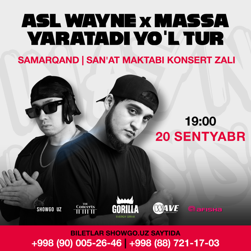 ASL WAYNE X MASSA YARATADI YO'L TUR (SAMARKAND) в Пт, 20 сентября 2024 года 19:00